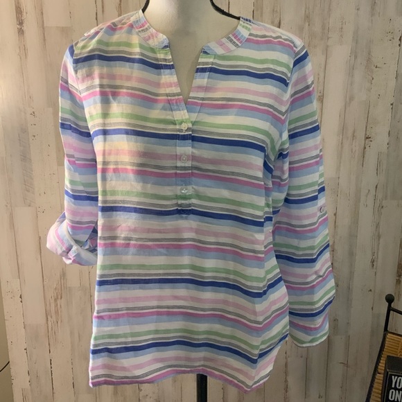 Talbots petite linen striped blouse. Size Mp - Picture 1 of 6